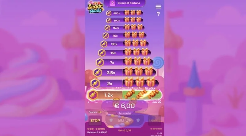 Sugar Stacks - passo vitorioso com destaque do andar atual e contador de multiplicador